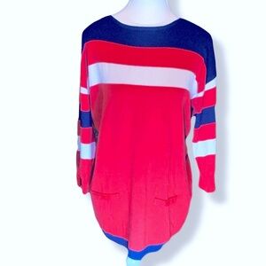 Orly Boat Culture Red Whit and Blue Sweater 100% Cotton pockets Chic Pullover